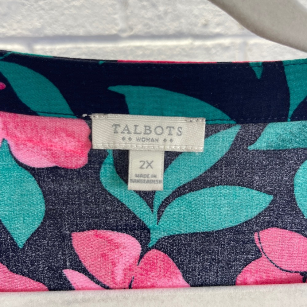 Talbots Floral Popover Top Womens 2X Pink Green Romantic Preppy - Picture 6 of 9